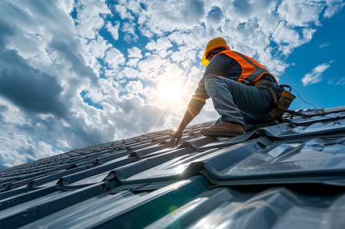 Construction worker hands working on roof tiles installation closeup. Generative AI.